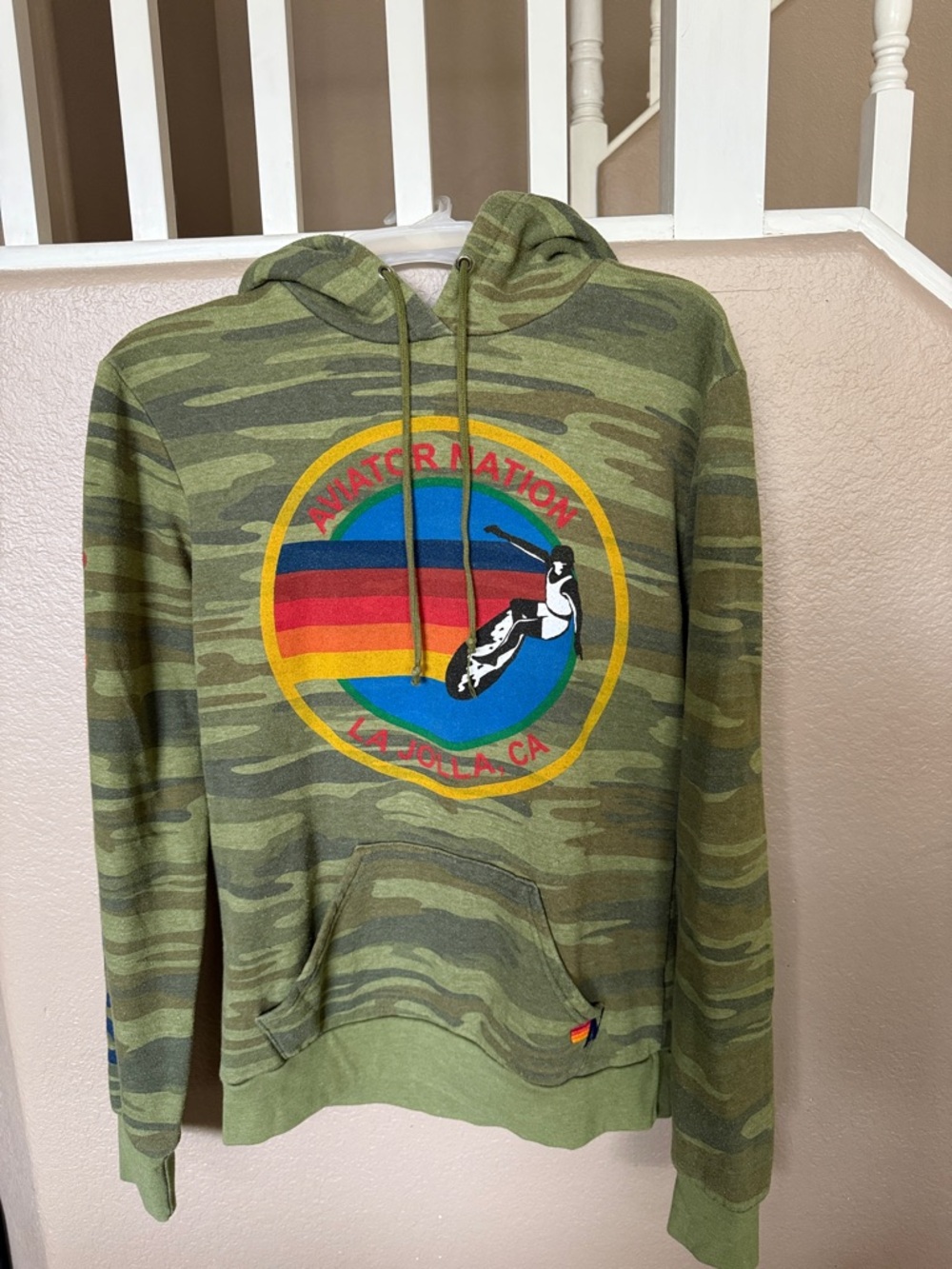 Aviator Nation Green Camo Pullover Hoodie with Surf Graphic
